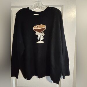 CeCe Black Sweater with Embroidered Bow Design